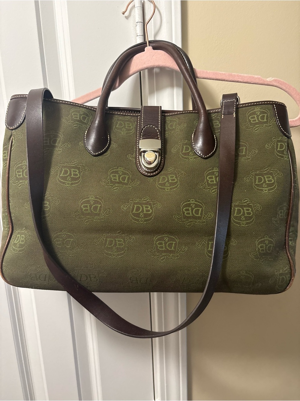 Dooney & Bourke Olive and Brown Logo Satchel with Shoulder Strap